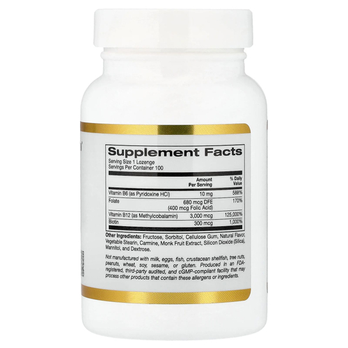 California Gold Nutrition, комплекс с метилом и витамином B12 с фолатом, биотином и витамином B6, со вкусом вишни, 100 пастилок