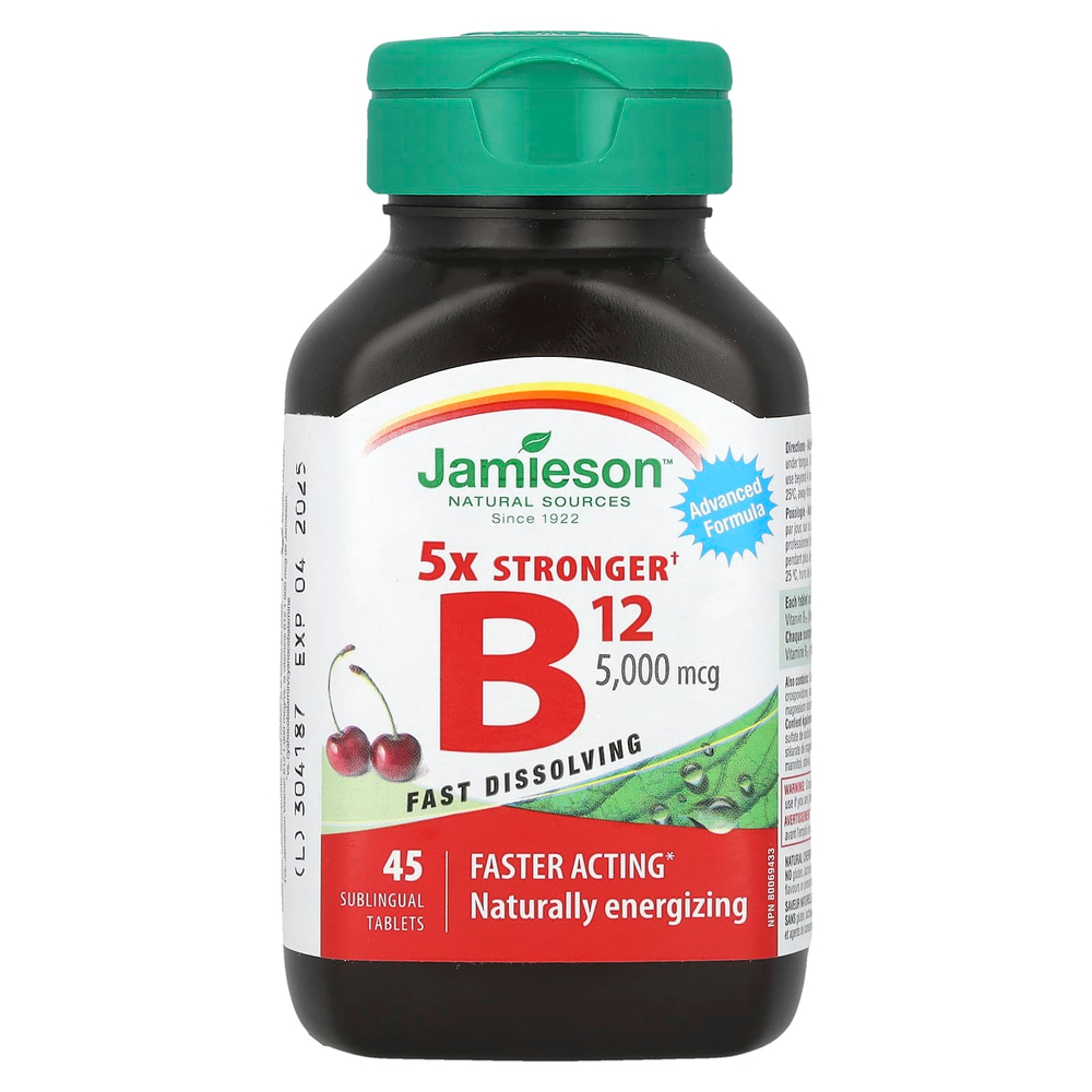 Jamieson Vitamins, 5X Stronger Vitamin B12, натуральная вишня, 5000 мкг, 45 сублингвальных таблеток