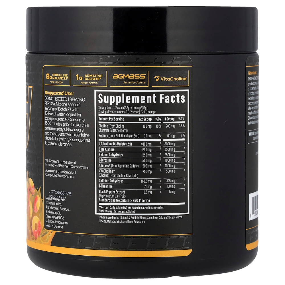 TC Nutrition, Batch 27, полноценная предтренировочная добавка, со вкусом персика, 380 г (13,4 унции)