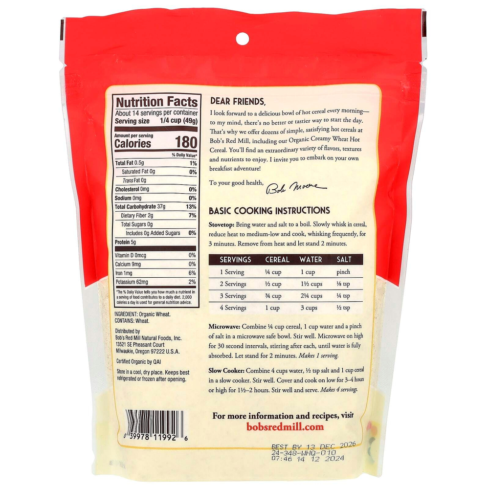 Bob's Red Mill, Органические сливочные пшеничные хлопья, 680 г (24 унции)