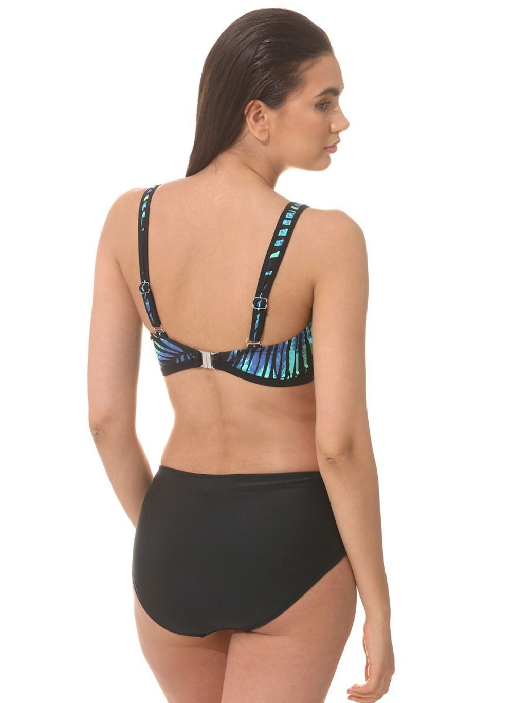 Раздельный купальник: принтованный лиф и высокие плавки (Размер: C/XXL) (Цвет: синий с черным)