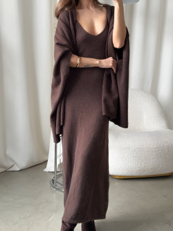 Комплект вязаный, длинное платье на лямках и короткий кардиган