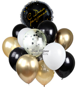 Черные и золотые шарики с гелием на День Рождения