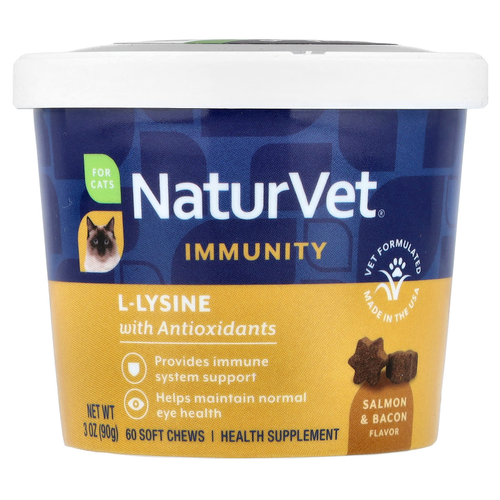 NaturVet, Immunity, L-лизин с антиоксидантами, для кошек, лосось и бекон, 60 жевательных таблеток, 90 г (3 унции)