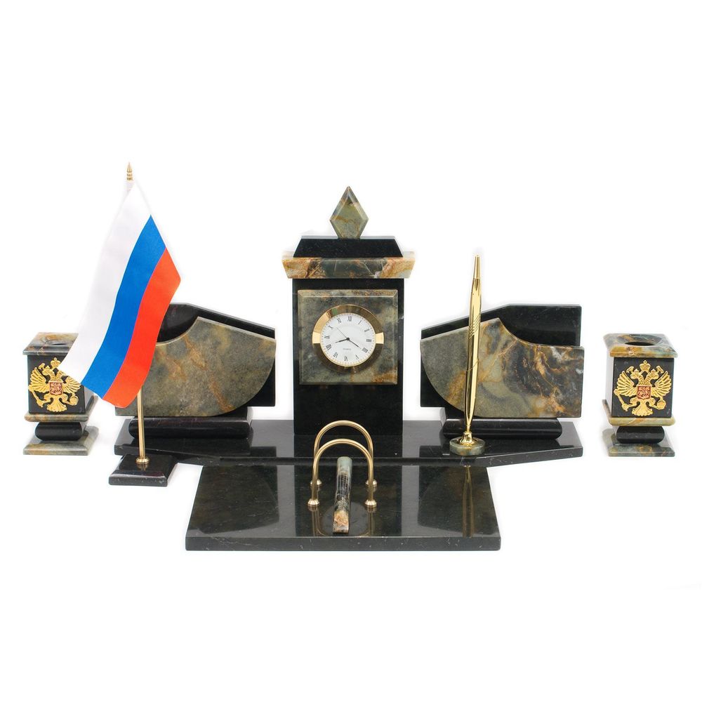 Настольный набор с гербом и флагом России офиокальцит R116985