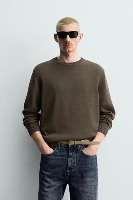 ZARA СВИТЕР КЛАССИЧЕСКОГО КРОЯ ИЗ ХЛОПКА, КОРИЧНЕВЫЙ