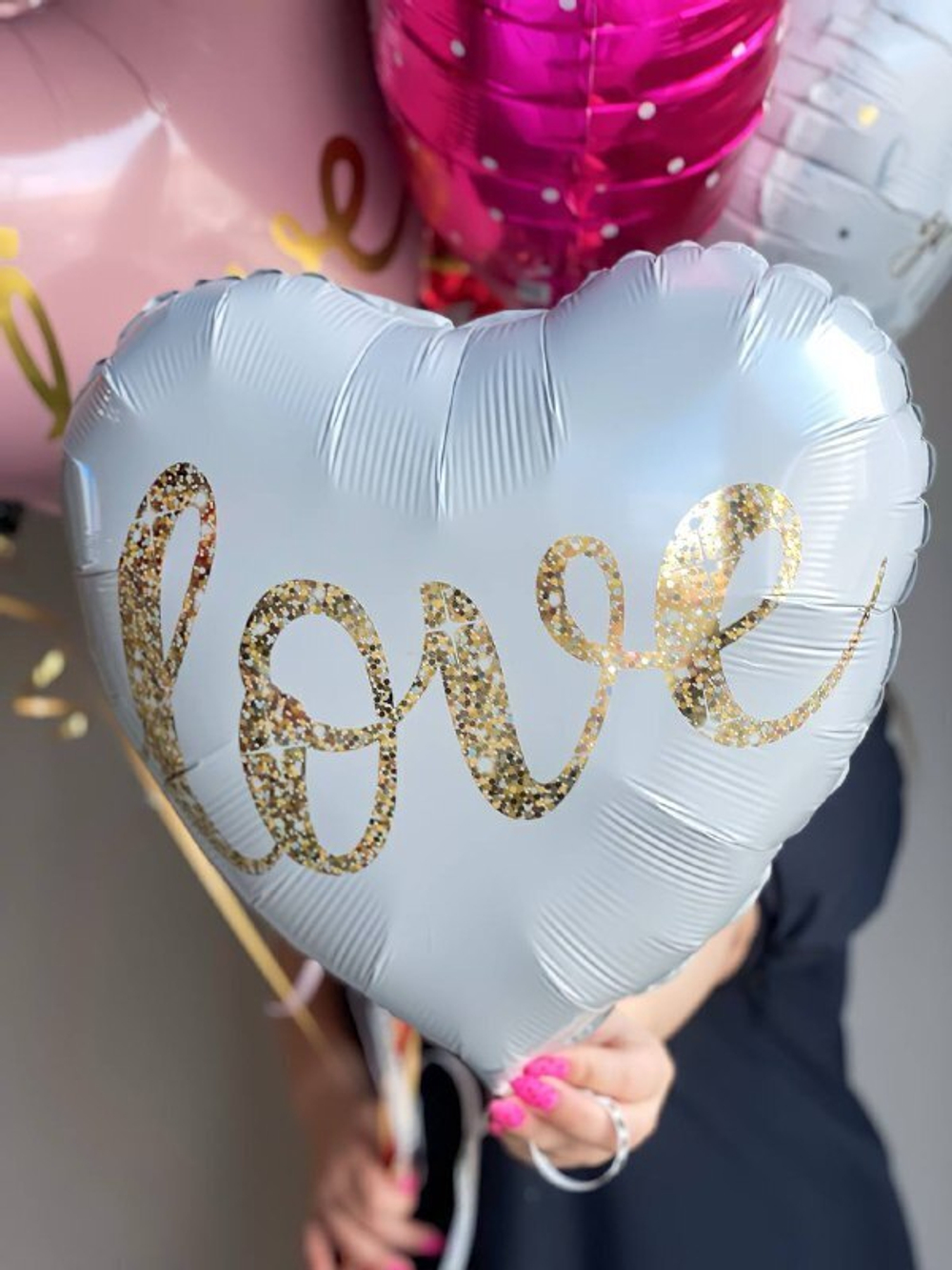 Q 18" Сердце, Love, глиттер золото, 1 шт.