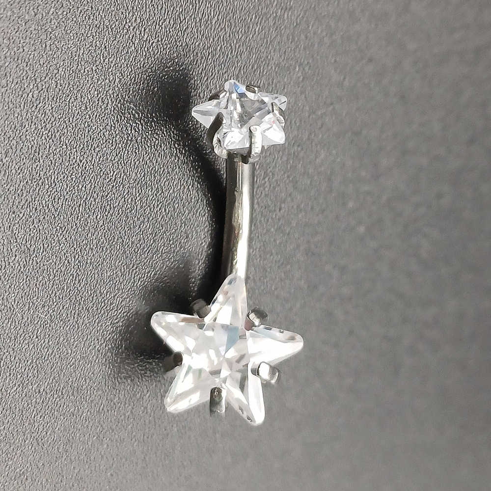 Украшение для пирсинга пупка "Звезда" с прозрачными кристаллами. Медицинская сталь