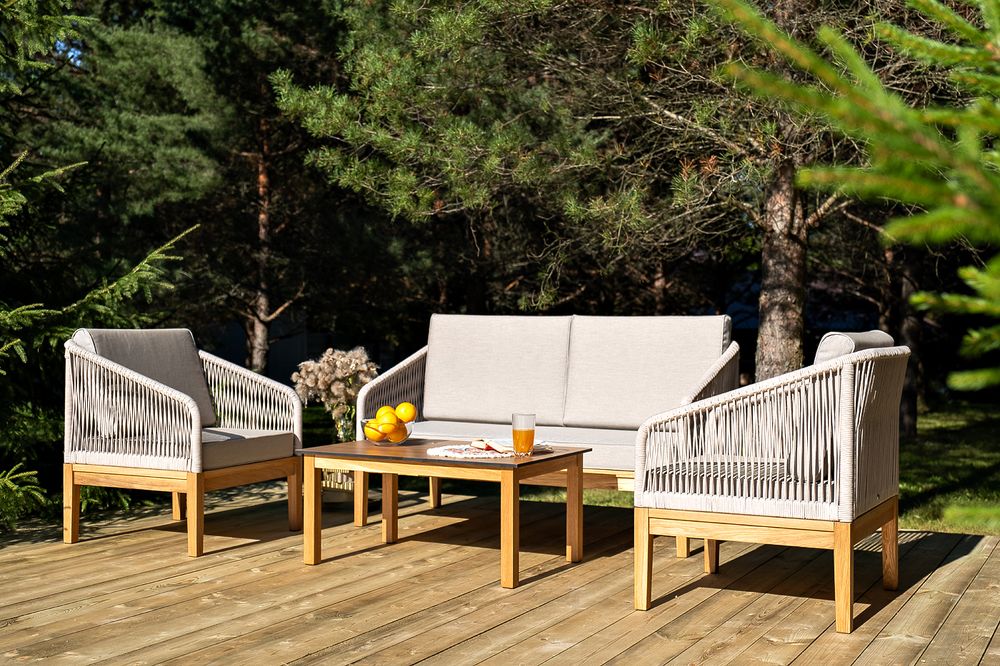 "Канны" лаунж-зона 4-местная из роупа со столиком "Канны" цвета "дуб", основание дуб, роуп бежевый