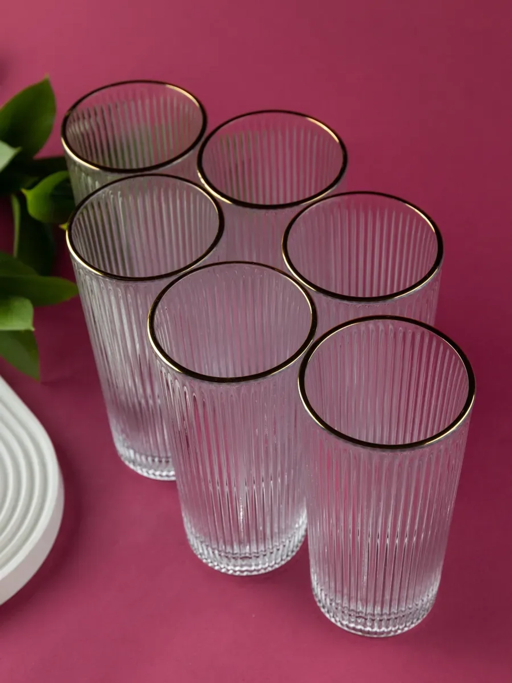 Ребристые бокалы для виски, 330 мл. 6 шт. с золотой каймой