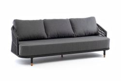 "Верона" диван 3-местный плетеный из роупа, каркас алюминий темно-серый (RAL7024) муар, роуп темно-серый круглый, ткань темно-серая 027