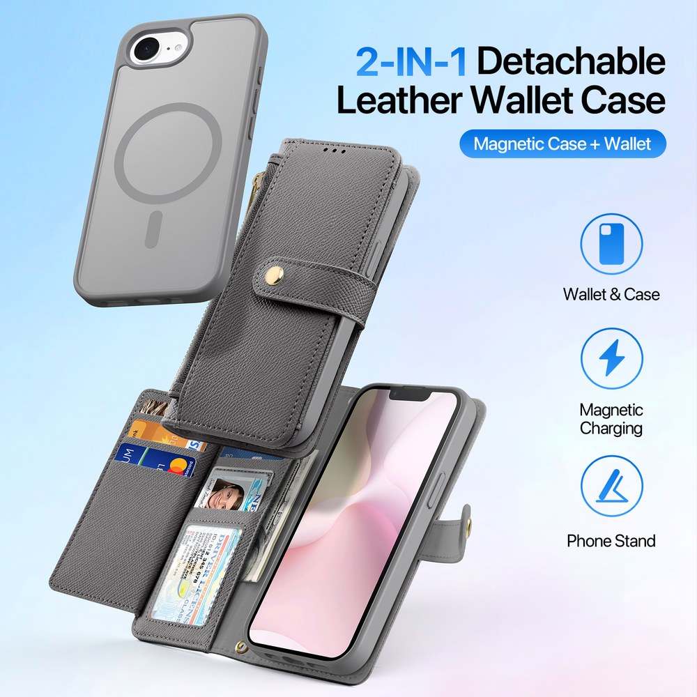 Чехол кошелек с MagSafe из TPU кожи серого цвета от Dux Ducis для iPhone 16e, SE (с 2025-), серия Lawa Series Case