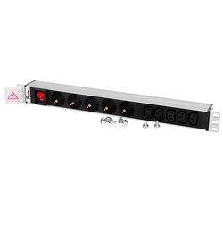 REM Блок розеток Rem-10 с выкл., 4 Schuko, 6 IEC 60320 C13, 10 A, алюм., 19", шнур 1,8 м. IEC 60320 C14 (R-10-4S-6C13-V-440-1.8)