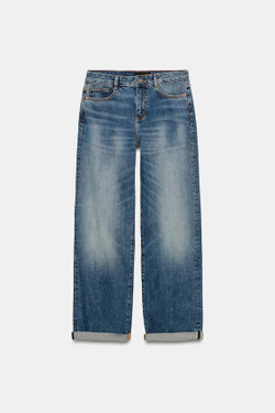 ZARA ДЖИНСЫ Z.07 RELAXED FIT СО СРЕДНЕЙ ПОСАДКОЙ И ОТВОРОТАМИ, СИНИЙ