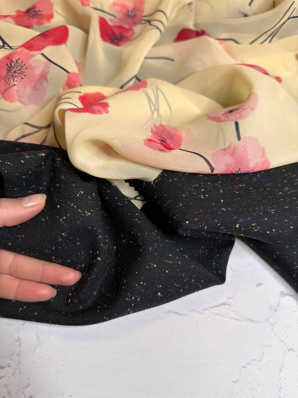 Костюмно-плательная однотонная шерсть с цветными мушками (B.Veneta, 100%шерсть, Черный густой фон/мелкие разноцветные мушки, 152, 224 гр/м2)