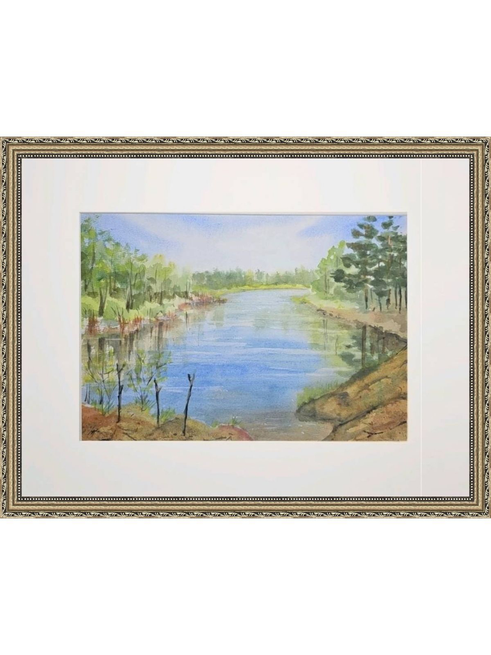 Картина авторская акварельная в паспарту 30х40 см на стену для интерьера "Река Желча, Псковская область."