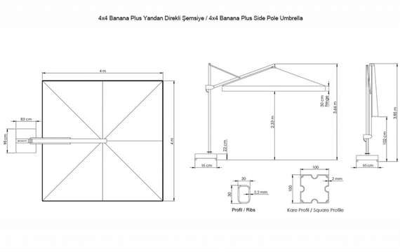 Зонт профессиональный без плит Banana Plus Dickson, 4х4 м, черный, бежевый