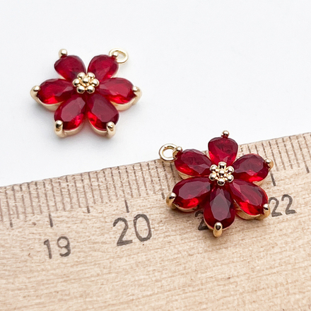 Подвеска Цветок, цвет золото + красный, размер 17*13 мм, цена за 1 шт