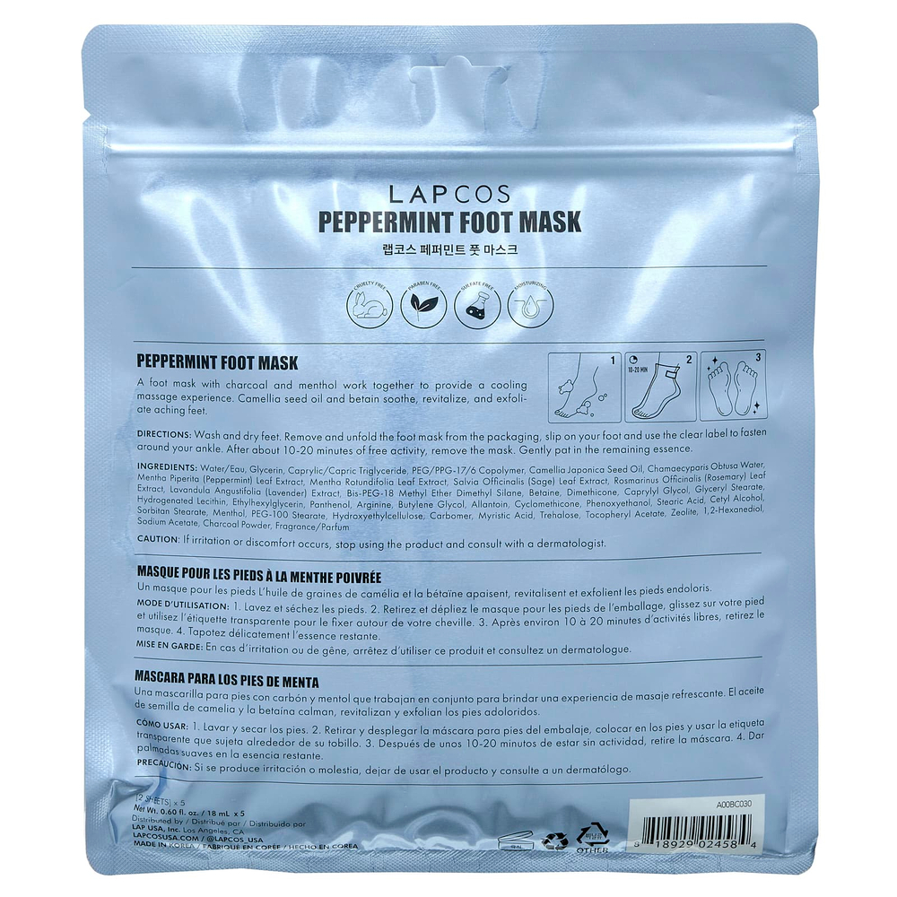 Lapcos, Маска для ног, перечная мята, 5 пар, 18 мл (0,6 жидк. унц.)