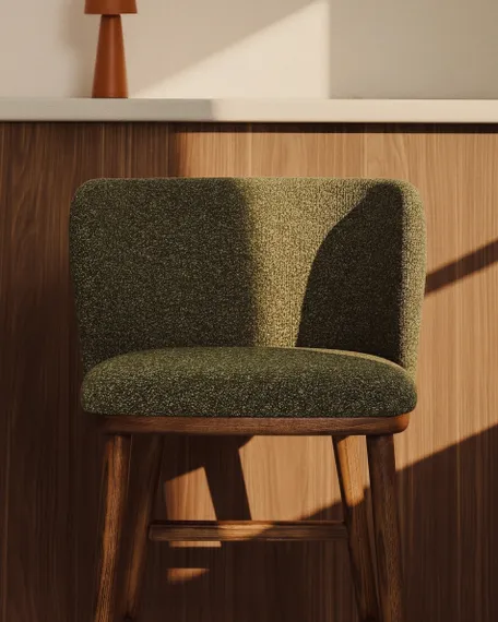 Барный стул Ciselia 75 см, темно-зеленый шенилл, массив ясеня в цвете орех