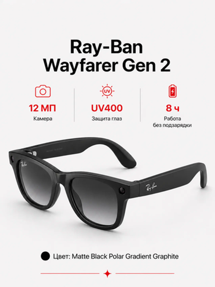 Умные очки Ray-Ban Wayfarer (Gen 2), линзы Polar Gradient Graphite, оправа Matte Black, размер 50(M)