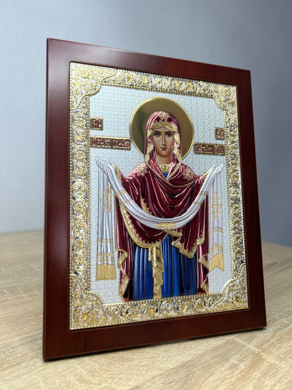 Покрова, икона прямоугольная с рамкой, красное дерево, эмаль 150х190