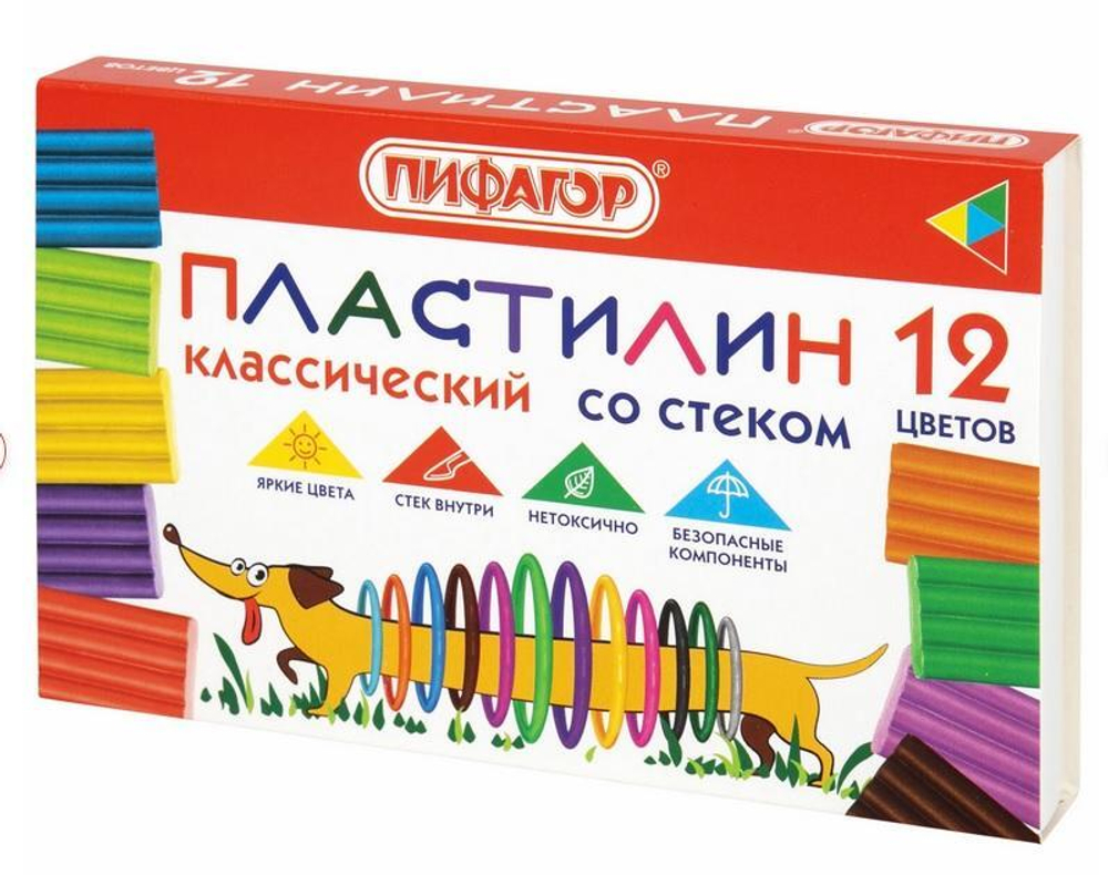 Пластилин классический 12цветов 180 г,со стеком "Веселая такса" (ПИФАГОР)