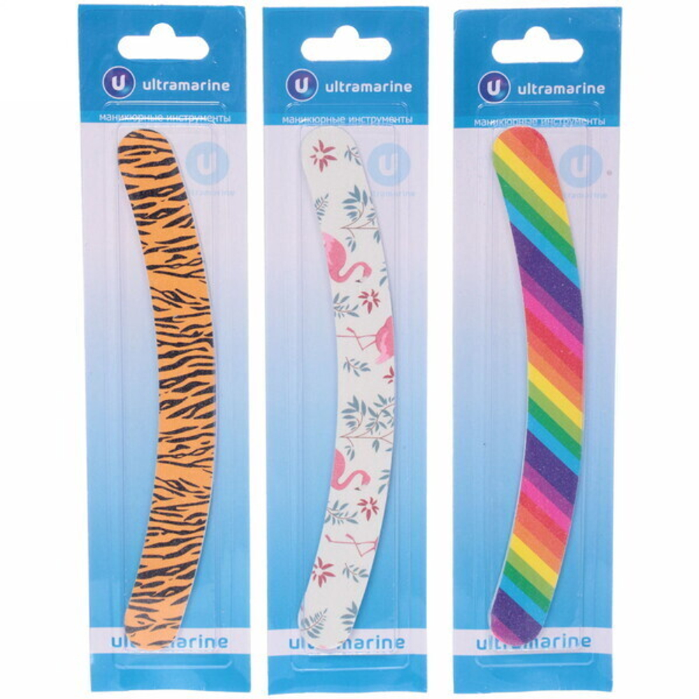 Пилка для ногтей наждачная на блистере бумеранг «Ultramarine», рисунок цвет микс,17,5*2см