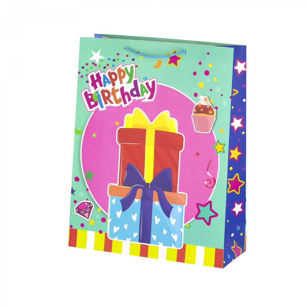 Пакет подарочный бумажный Alingar, (L+) 26х32х10 см, вертикальный, "С днем рождения", матов. ламинация, ассорти