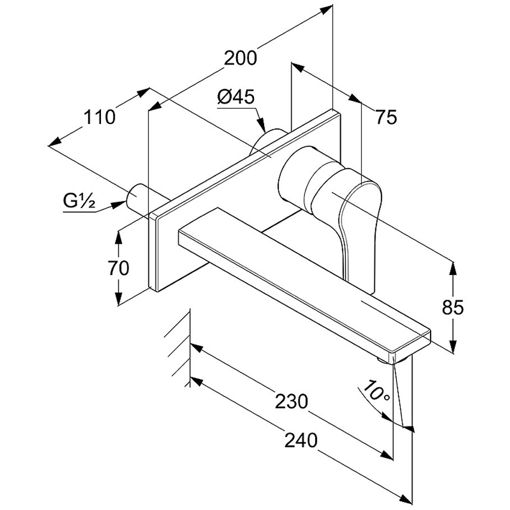 Смеситель для раковины Kludi Zenta SL 482480565  настенный встраиваемый внешняя часть, 230 мм схема