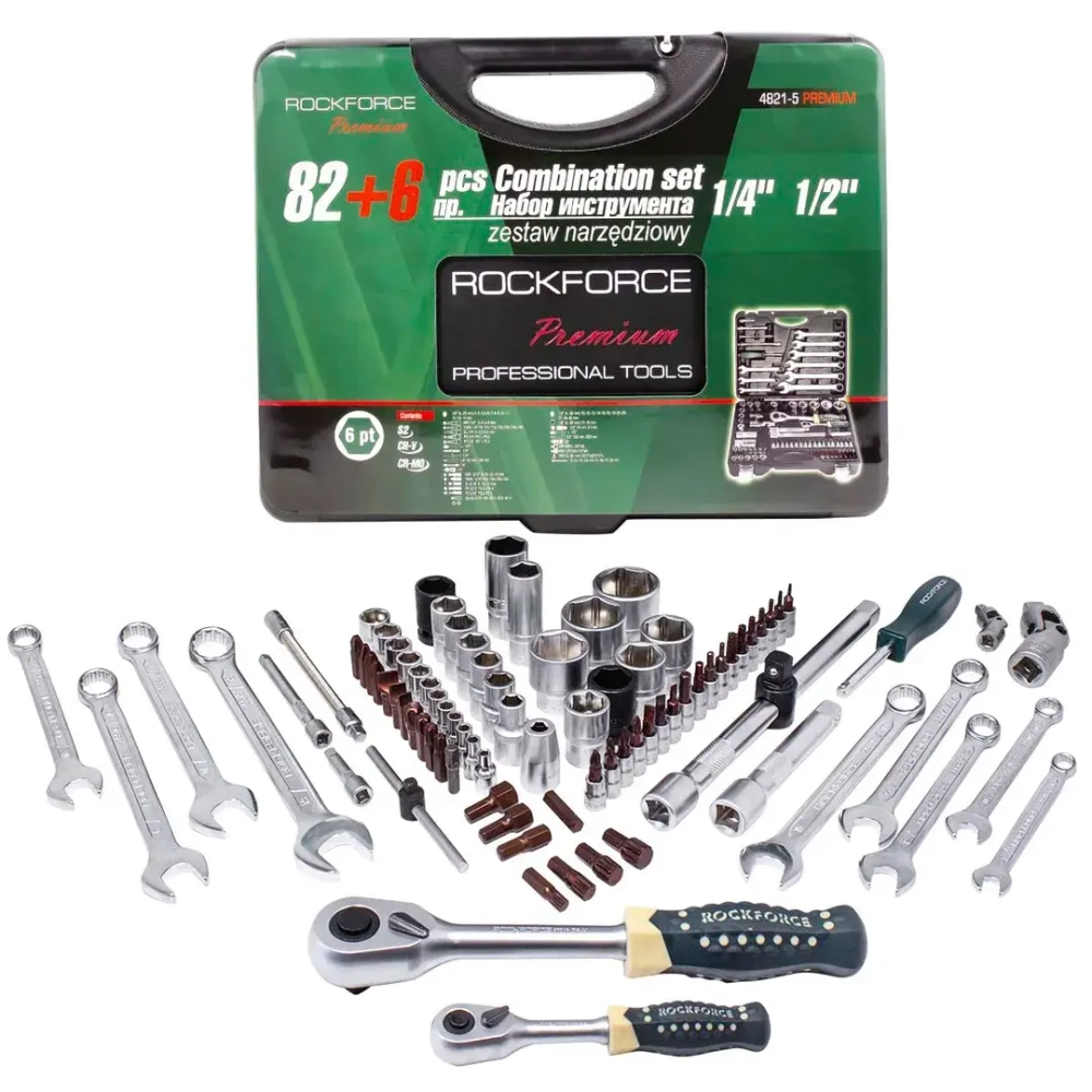Набор инструментов 82+6пр.1/4''1/2''(6гр.)+(головка-бита 1/4''T40, биты 5/16'': М8,10,12,14,головки 1/2'': 10,12,13мм,ключи комбинир.:15,16мм) RockForce##Rock FORCE RF-4821-5 PREMIUM