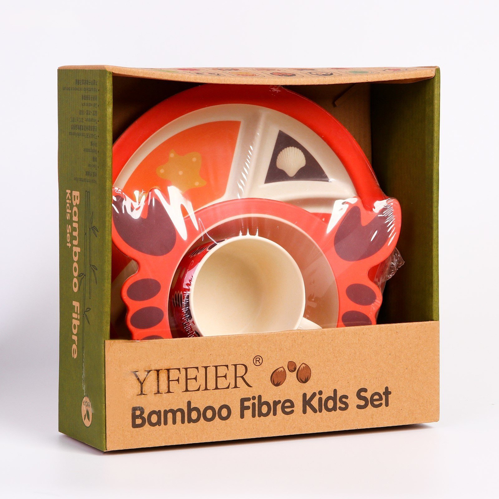 4591120 Набор детской бамбуковой посуды «Крабик»,тарелка, миска, кружка, приборы, 5 предметов
