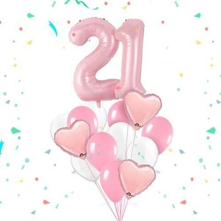 Композиция из розовых шаров с сердцами и цифрами на 21 год