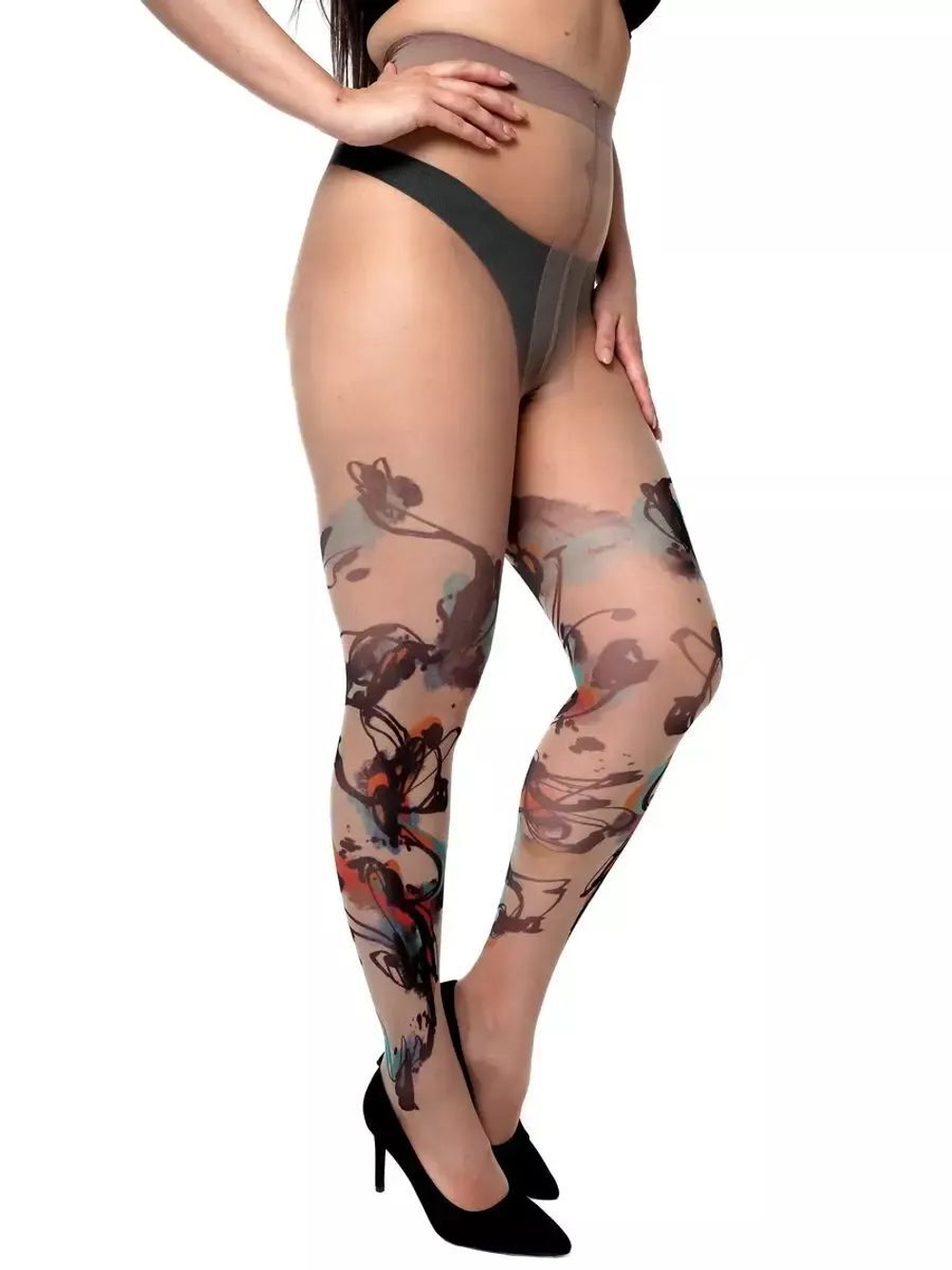 Колготки +size с принтом в виде рисунка акварелью (Размер: XL-XXL-XXXL) (Цвет: бежевый)