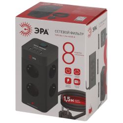 Сетевой фильтр ЭРА TWR-8es-1,5m-4USB-B башня с защитой заземлением с выключателем 8 розеток+4xUSBA+C 1,5м 16А черный | Сетевые фильтры