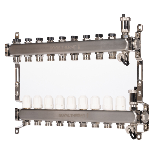 Коллектор Royal Thermo нерж. в сборе универсальный 1quot; ВР-3/4quot; НР с автомат. воздухоотвод-ми 9 вых.