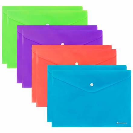Папка-конверт с кнопкой А4, КОМПЛЕКТ 8 шт., яркие неоновые цвета ассорти, BRAUBERG "NEON", 272871