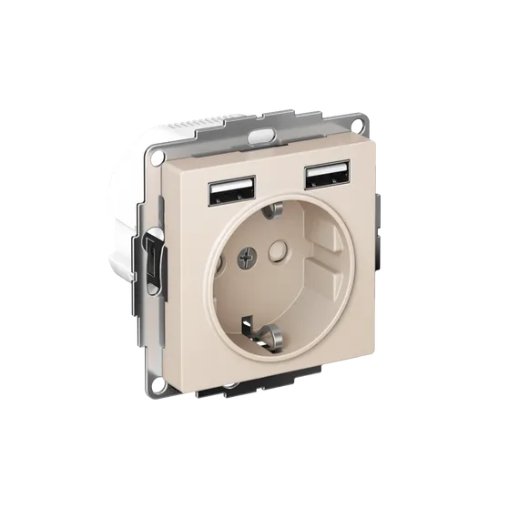 Розетка 1-м СП AtlasDesign 16А IP20 с 2-мя заряд. устройствами USB тип A+A 5В/2.4А 2х5В/1.2А механизм беж. SE ATN000230