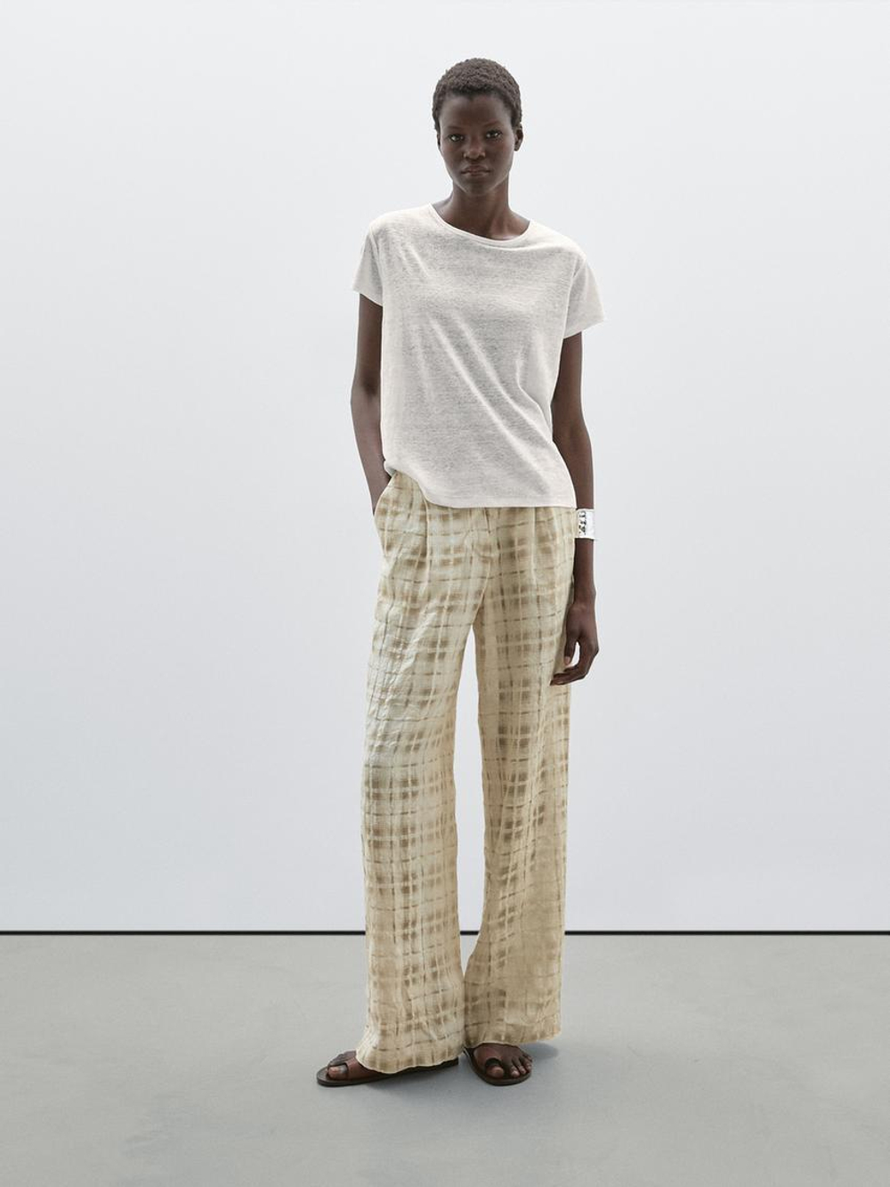 Massimo Dutti Футболка из 100% льна с коротким рукавом, натуральный, кремовый