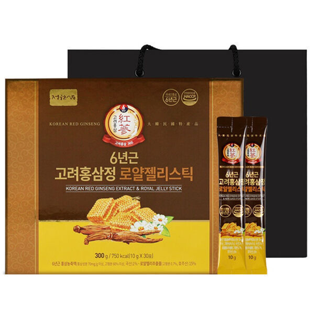 (Набор) Экстракт красного 6-летнего женьшеня с маточным молочком Jungwonsam 6 Years Old Korean Red Ginseng Extract & Royal Jelly Stick, 10гр*30шт