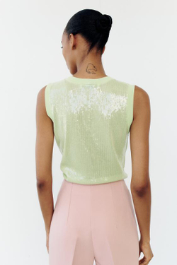 ZARA ТРИКОТАЖНЫЙ ТОП С ПАЙЕТКАМИ БЕЗ РУКАВОВ, СВЕТЛО-ЗЕЛЕНЫЙ