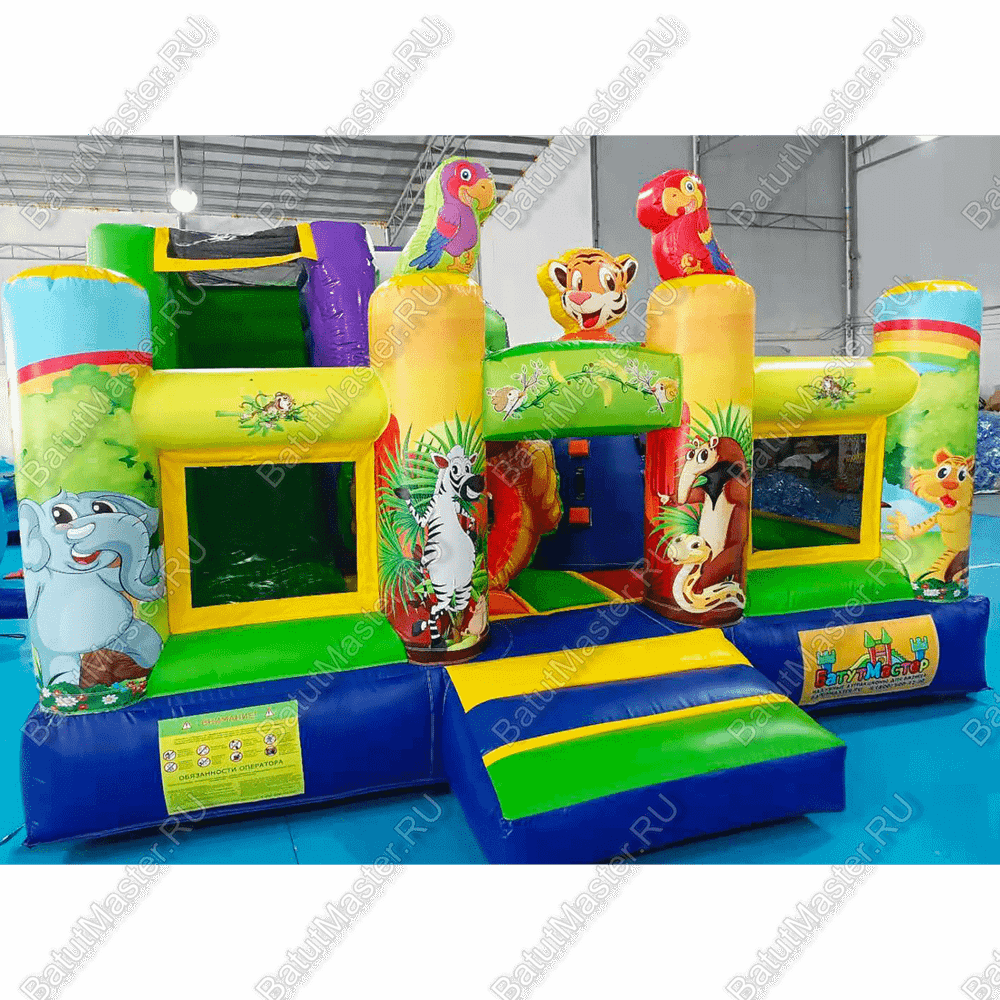 Надувной батут "Попугайчики" со скалодромом, 4.6x4.3x2.8 м