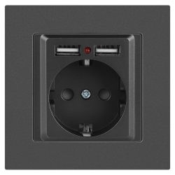 Розетка Intro Accent 6-410-07 P+E Schuko со шторками, 16А-250В + 2хUSB, IP20, СУ, графит | Intro