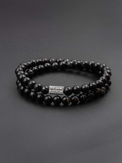 Двойной браслет Чёрный агат с полосками 6 мм + шарм THE SHOW MUST GO ON (серебро)