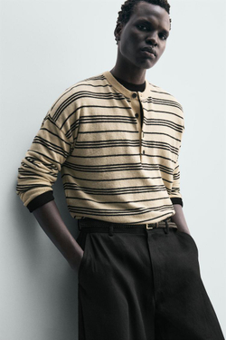 ZARA ДЖЕМПЕР В ПОЛОСКУ С ВОРОТНИКОМ НА ПУГОВИЦАХ, ЭКРЮ