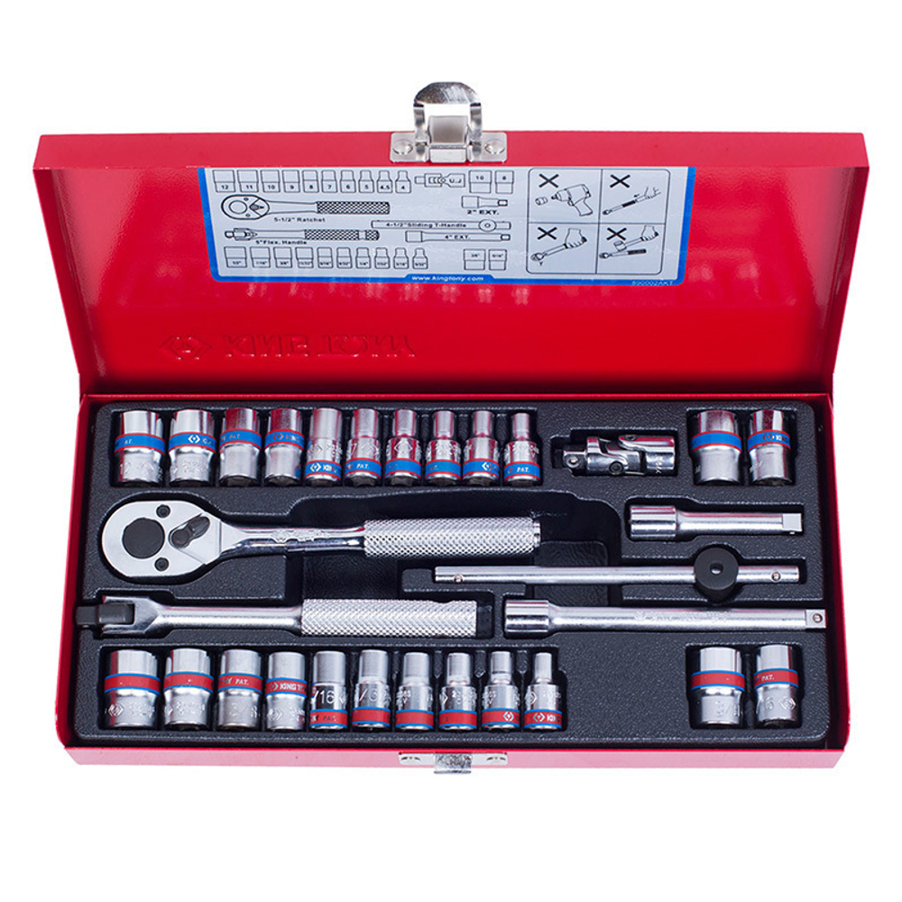 Набор торцевых головок с принадлежностями 1/4&quot;, шестигранные, 4-12 мм, 5/32&quot;-1/2&quot;, 30 предметов KING TONY 2530CR