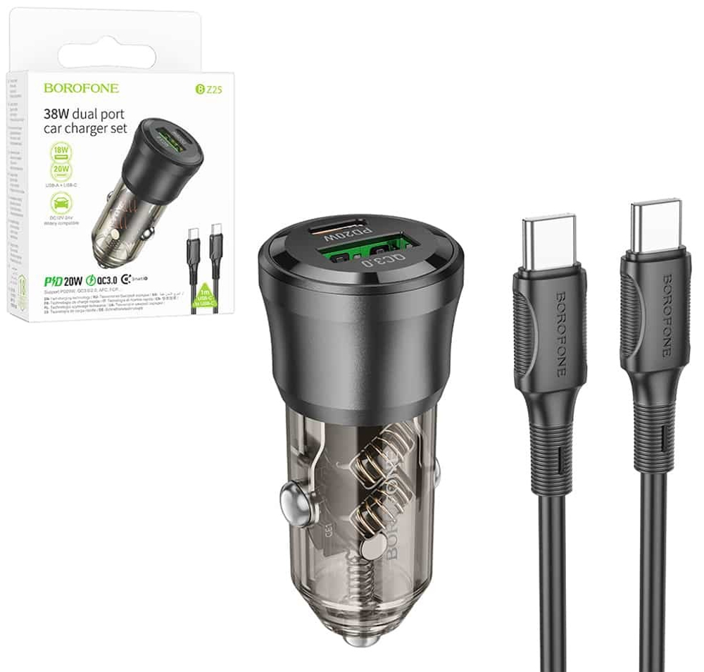 Автомобильный адаптер питания BOROFONE BZ25 PD 20W +QC3.0 + кабель Type-C - Type-C (черный)