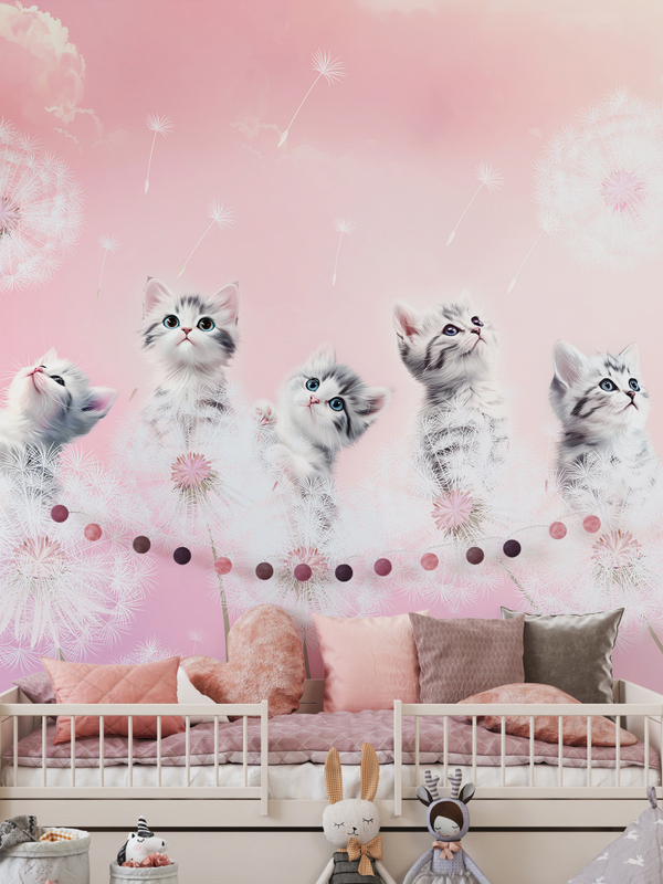 3D детские фотообои одуванчики и милые коты