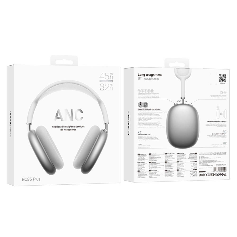 Полноразмерные Bluetooth наушники BOROFONE BO35 Plus ANC (серебро)