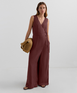 Oysho Длинный комбинезон из льна с запахом, винный